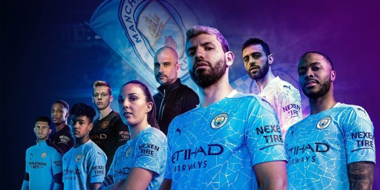 The Manchester City team sporting the official 20-21 kit with Nexen Tire, their official sleeve partner