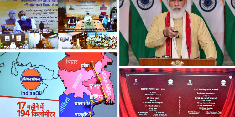 The Prime Minister, Shri Narendra Modi dedicating to the nation three key projects related to the Petroleum sector in Bihar via video conferencing, in New Delhi on September 13, 2020.