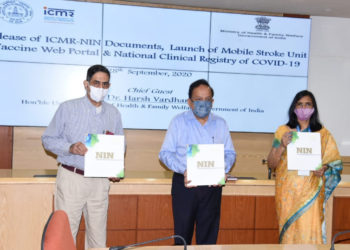 The Union Minister for Health & Family Welfare, Science & Technology and Earth Sciences, Dr. Harsh Vardhan launches the National Clinical Registry for Covid19, Vaccine Web Portal, Mobile Stroke Unit and
ICMR-NIN Documents, at ICMR headquarters, in New Delhi on September 28, 2020.