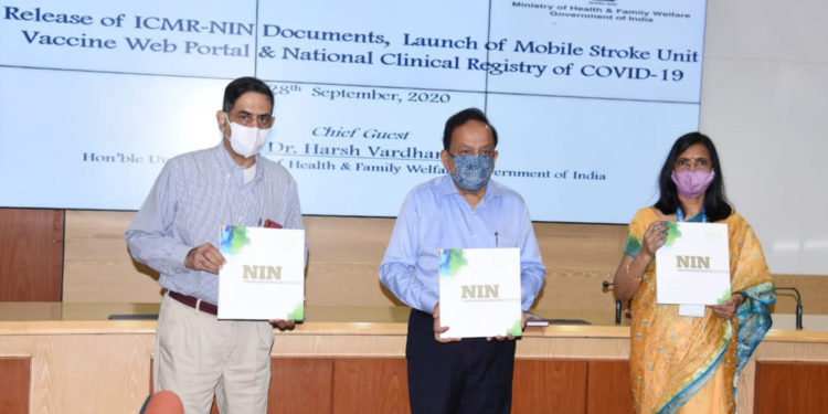 The Union Minister for Health & Family Welfare, Science & Technology and Earth Sciences, Dr. Harsh Vardhan launches the National Clinical Registry for Covid19, Vaccine Web Portal, Mobile Stroke Unit and
ICMR-NIN Documents, at ICMR headquarters, in New Delhi on September 28, 2020.