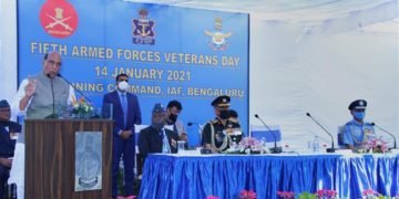 The Union Minister for Defence, Rajnath Singh addressing the Armed Forces veterans, on the occasion of the 5th Veteran’s Day, in Bengaluru on January 14, 2021. The Chief of Defence Staff (CDS), General Bipin Rawat is also seen.