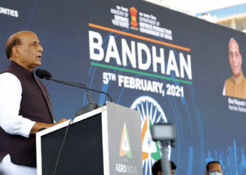 The Union Minister for Defence, Shri Rajnath Singh addressing the gathering at ‘Bandhan’ ceremony during Aero India 2021, in Bengaluru on February 05, 2021.