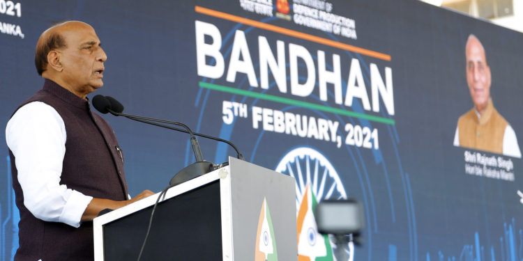 The Union Minister for Defence, Shri Rajnath Singh addressing the gathering at ‘Bandhan’ ceremony during Aero India 2021, in Bengaluru on February 05, 2021.