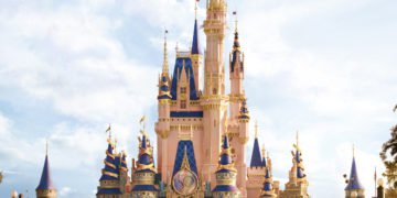 In this artist rendering, Cinderella Castle shines with new golden and EARidescent décor at Magic Kingdom Park as part of “The World’s Most Magical Celebration,” which begins Oct. 1, 2021, in honor of the 50th anniversary of Walt Disney World Resort in Lake Buena Vista, Fla. (Disney)