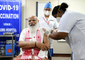 The Prime Minister, Shri Narendra Modi took his first dose of the COVID-19 vaccine, at AIIMS, in New Delhi on March 01, 2021.
