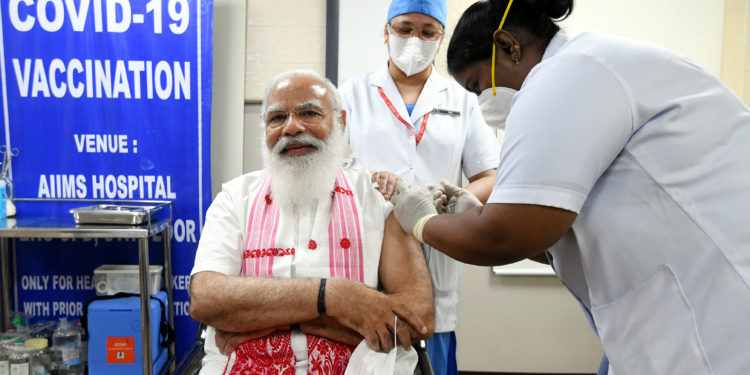 The Prime Minister, Shri Narendra Modi took his first dose of the COVID-19 vaccine, at AIIMS, in New Delhi on March 01, 2021.