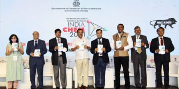 The Union Minister for Chemicals and Fertilizers,  D.V. Sadananda Gowda releasing the publication at the inauguration of the INDIA CHEM 2021 - 11th Biennial International Exhibition and Conference, in New Delhi on March 17, 2021.