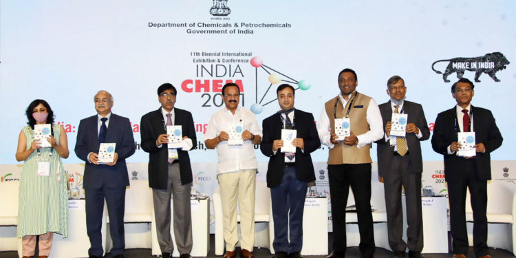 The Union Minister for Chemicals and Fertilizers,  D.V. Sadananda Gowda releasing the publication at the inauguration of the INDIA CHEM 2021 - 11th Biennial International Exhibition and Conference, in New Delhi on March 17, 2021.