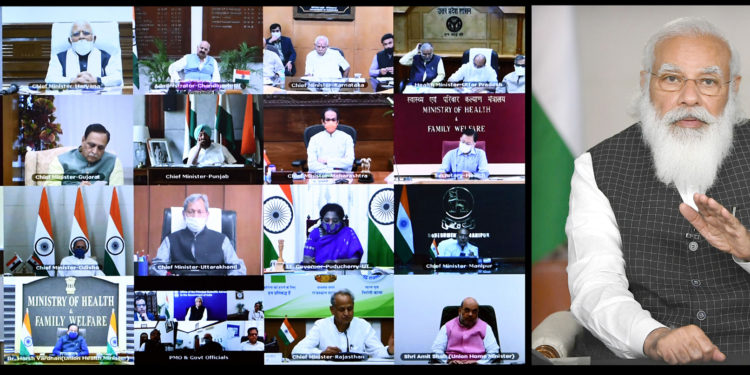 The Prime Minister, Narendra Modi interacting with the Chief Ministers on COVID-19 situation, through video conferencing, in New Delhi on March 17, 2021.