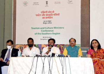 The Union Minister for Culture, Tourism and Development of North Eastern Region (DoNER), Shri G. Kishan Reddy interacting with the media person conference of Tourism & Culture Ministers of the Southern Region, in Bengaluru on October 28, 2021.
	The Minister of State for Defence and Tourism, Shri Ajay Bhatt is also seen.