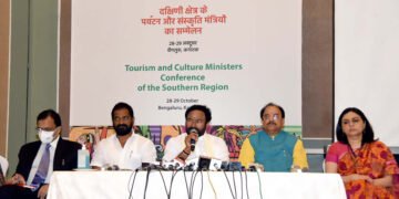 The Union Minister for Culture, Tourism and Development of North Eastern Region (DoNER), Shri G. Kishan Reddy interacting with the media person conference of Tourism & Culture Ministers of the Southern Region, in Bengaluru on October 28, 2021.
The Minister of State for Defence and Tourism, Shri Ajay Bhatt is also seen.