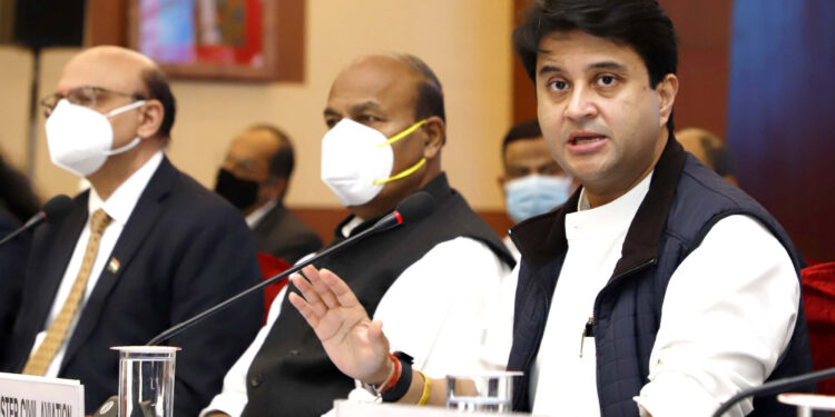 The Union Minister for Civil Aviation,  Jyotiraditya M. Scindia addressing at the Civil Aviation Ministers Conference, in New Delhi on November 19, 2021.
	The Union Minister for Social Justice and Empowerment, Dr. Virendra Kumar and the Secretary, Ministry of Civil Aviation,  Rajiv Bansal are also seen.