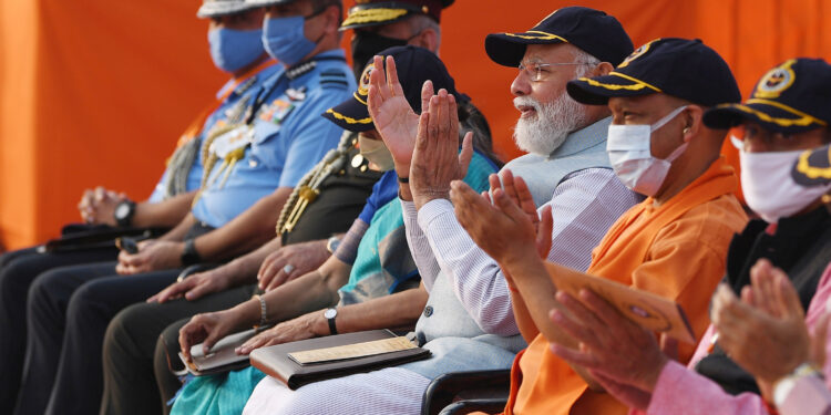 The Prime Minister, Narendra Modi witnessing the Air Show at the inauguration of the Purvanchal Expressway, in Sultanpur, Uttar Pradesh on July 16, 2021. 
	The Governor of Uttar Pradesh, Smt. Anandiben Patel and the Chief Minister of Uttar Pradesh, Yogi Adityanath are also seen.