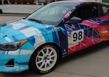 The No. 98 Hyundai Veloster N Turbo TCA race car, with livery by artist Vy Ngo at Bryan Herta Autosport in Indianapolis, Nov. 30, 2021. (Photo/Bryan Herta Autosport)