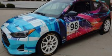 The No. 98 Hyundai Veloster N Turbo TCA race car, with livery by artist Vy Ngo at Bryan Herta Autosport in Indianapolis, Nov. 30, 2021. (Photo/Bryan Herta Autosport)