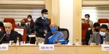 The Union Minister for Finance and Corporate Affairs, Smt. Nirmala Sitharaman chairing the 46th GST Council meeting, in New Delhi on December 31, 2021. The Secretary, Department of Revenue, Ministry of Finance, Tarun Bajaj is also seen.