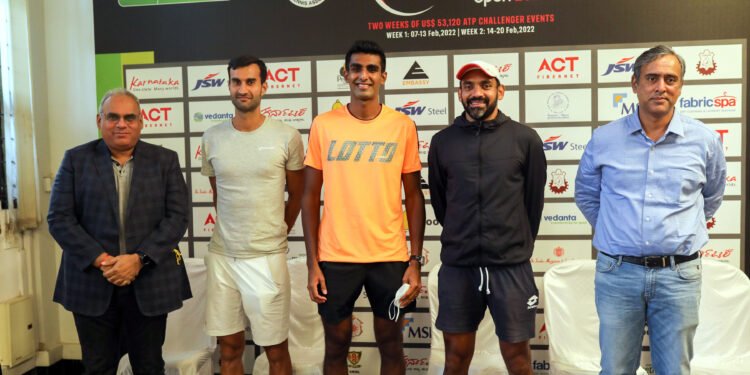 from left) Sunil Yajaman, Tournament Director, players Yuki Bhambri, Prajnesh Gunneswaran, Divij Sharan and Maheshwar Rao, Hon. Secretary KSLTA during the pre-event conference.