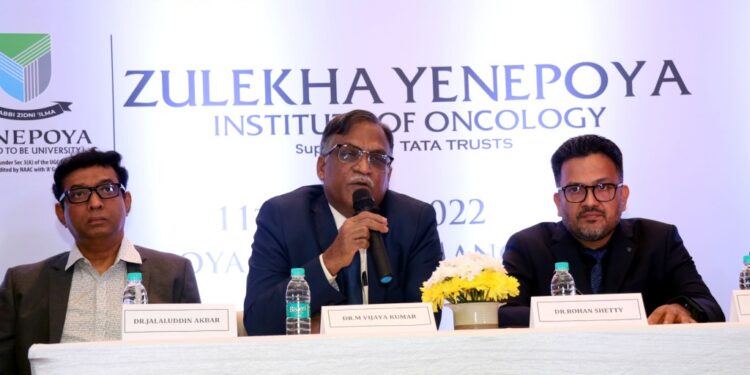 Dr. M Vijayakumar, Vice Chancellor Yenepoya (Deemed University) (centre) addressing the media persons in Bengaluru on Tuesday.  Dr. Jalaluddin Akbar, Head of Department of Oncology (left) and Dr. Rohan Shetty are also seen.