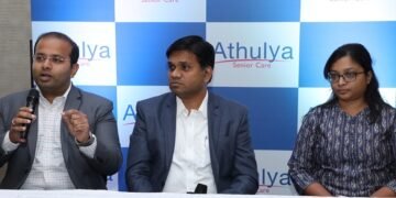 Mr. G. Srinivasan, CEO and Founder of Athulya Assisted Living, R Karthik Narayan, Managing Director & Founder Athulya Assisted Living, Kavya Krishna, chief marketing officer, Athulya Assisted Living addressing the media to announce their entry into Bengaluru.