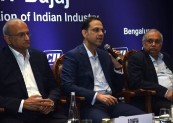 (L-R) Mr R Dinesh, President - Designate, CII; Mr Sanjiv Bajaj, Mr Sanjiv Bajaj, Chairman and Managing Director, Bajaj Finserv Limited & President, CII; Mr Chandrajit Banerjee, Director General, CII.jpg