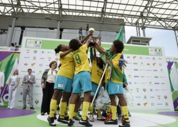 Team Brazil girls lift the winner’s trophy at the Street Child World Cup 2018, Moscow