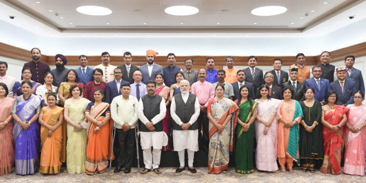 PM with winners of National Awards to Teachers on the occasion of Teachers Day, in New Delhi on September 05, 2022.