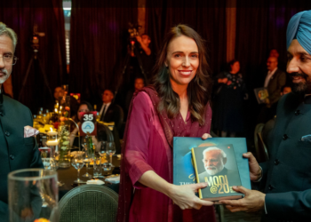 Jacinda Ardern, Prime Minister of New Zealand receiving the just released two books on Prime Minister Narendra Modi during Vishwa Sadbhawna event in the presence of India's Minister for External Affairs Dr S Jaishankar and NID Foundation Patron Satnam Singh Sandhu at Auckland