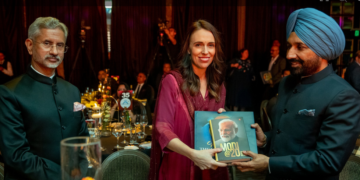 Jacinda Ardern, Prime Minister of New Zealand receiving the just released two books on Prime Minister Narendra Modi during Vishwa Sadbhawna event in the presence of India's Minister for External Affairs Dr S Jaishankar and NID Foundation Patron Satnam Singh Sandhu at Auckland