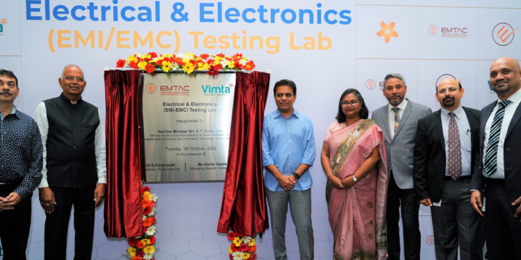 Left to Right - Shri Jayesh Ranjan, Principal Secretary (I & C), Dr. S P Vasireddi, Chairman, Vimta Labs Ltd., Shri. K.T. Rama Rao, Hon'ble Minister for IT, Industries, MA & UD, Govt of Telangana., Ms. Harita Vasireddi, Managing Director, Vimta Labs Ltd., Neerukonda Sreenivas, Executive Director, Vimta Labs Ltd, Mr.Anurag Khare Vice President (E&E), Vimta Labs Ltd., and Mr. Suresh Kumar President, Vimta Labs Ltd.
