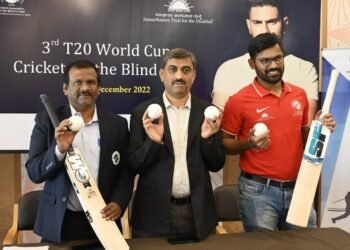 Mr. E John David, Chairman of CABI Selection Committee and the General Secretary of Cricket Association for the Blind in India, Dr. Mahantesh GK, President CABI and Founder Managing Trustee Samarthanam, and Mr. Ajay Kumar Reddy B2, Captain of 3rd T20 World Cricket Cup for the Blind at the announcement of the Indian Squad and Announcement of Brand Ambassador- Mr. Yuvraj Singh