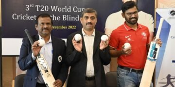 Mr. E John David, Chairman of CABI Selection Committee and the General Secretary of Cricket Association for the Blind in India, Dr. Mahantesh GK, President CABI and Founder Managing Trustee Samarthanam, and Mr. Ajay Kumar Reddy B2, Captain of 3rd T20 World Cricket Cup for the Blind at the announcement of the Indian Squad and Announcement of Brand Ambassador- Mr. Yuvraj Singh