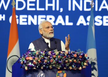 PM addressing at the 90th Interpol General Assembly, in New Delhi on October 18, 2022.