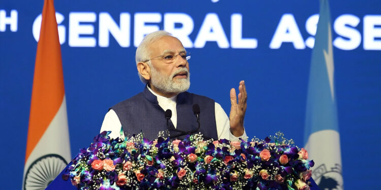 PM addressing at the 90th Interpol General Assembly, in New Delhi on October 18, 2022.