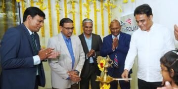 Karnataka IT Minister Dr Ashwath Narayan inaugurating the India Tech Centre of Pi Square Technologies in Bengaluru on Friday Pi Square Group President Sarat Kothapalli, Pi Square India CEO Srinivas Raju and India Electronics and Semiconductor Association CEO and President K Krishna Moorthy were present