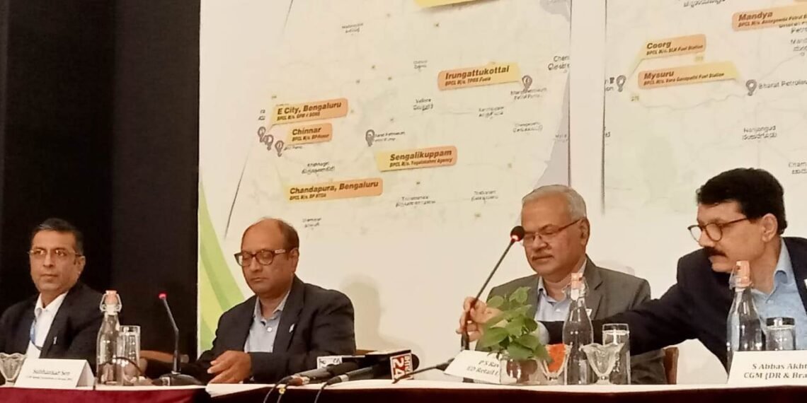 BPCL Leadership at the launch of EV Charging Stations in Bangalore – (L-R) – Pushp Kumar Nayar, Head Retail, South, Subhankar Sen, CGM Retail Initiatives & Brand, RHQ, PS Ravi, ED Retail I/C, S Abbas Akhtar, CGM (PR & Brand)