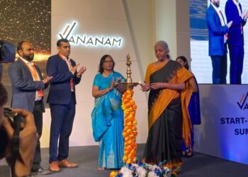 Finance Minister Smt. Nirmala Sitharaman lighting the diya at Vananam Start-up Inclusion Summit