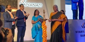 Finance Minister Smt. Nirmala Sitharaman lighting the diya at Vananam Start-up Inclusion Summit
