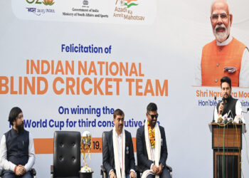 The Union Minister for Information & Broadcasting, Youth Affairs and Sports,  Anurag Singh Thakur addressing at the felicitation ceremony of Indian National blind cricket team, in New Delhi on December 19, 2022.