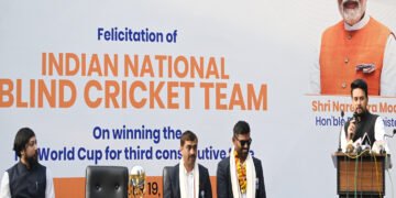The Union Minister for Information & Broadcasting, Youth Affairs and Sports,  Anurag Singh Thakur addressing at the felicitation ceremony of Indian National blind cricket team, in New Delhi on December 19, 2022.