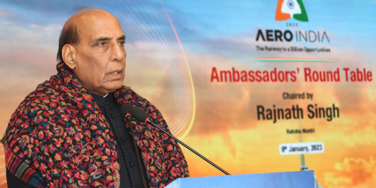 The Union Minister for Defence, Rajnath Singh addressing at the Ambassadors Roundtable conference for Aero India 2023, in New Delhi on January 09, 2023.