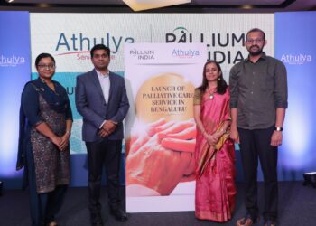 Athulya launches palliative care services in association with pallium india. At the launch of service (from left to right) J Krishna kavya, founder and director marketing, Srinivasan G, Founder CEO, Dr. Sreedevi Warrier, Head education and skill building, pallium india, Dr. Veereswara Raju, consultant, palliative care services, Athulya senior care