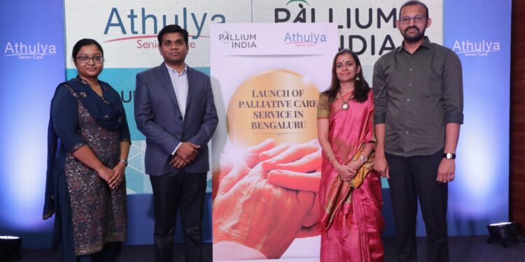 Athulya launches palliative care services in association with pallium india. At the launch of service (from left to right) J Krishna kavya, founder and director marketing, Srinivasan G, Founder CEO, Dr. Sreedevi Warrier, Head education and skill building, pallium india, Dr. Veereswara Raju, consultant, palliative care services, Athulya senior care