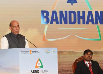 The Union Minister for Defence, Rajnath Singh addressing the Bandhan ceremony at Aero India 2023, in Bengaluru on February 15, 2023.