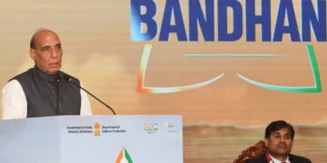 The Union Minister for Defence, Rajnath Singh addressing the Bandhan ceremony at Aero India 2023, in Bengaluru on February 15, 2023.