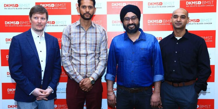 Patrick Paul, CEO, DKMS-BMST Foundation India, Mandeep, (Stem Cell Donor), Mandeep (blood cancer survivor) along with Dr. Govind Eriat Nair