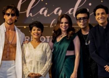 (L-R) Tiger Shroff, Ranju Alex, Area Vice President, South Asia Marriott Intl, Khushnooma Kapadia, Sr. Area Director of Marketing, South Asia, Marriott Int., Karan Johar and Shiamak Davar