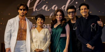 (L-R) Tiger Shroff, Ranju Alex, Area Vice President, South Asia Marriott Intl, Khushnooma Kapadia, Sr. Area Director of Marketing, South Asia, Marriott Int., Karan Johar and Shiamak Davar