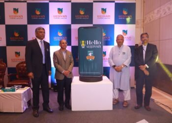 Ittira Davis, MD and CEO, Ujjivan Small Finance Bank, Mr. BA Prabhakar, Chairman and Independent Director, Ujjivan Small Finance Bank, R Gurumurthy, Regional Director, RBI, Bengaluru, Karnataka and Mr Samit Ghosh, Founder, Ujjivan Small Finance Bank launching Hello Ujjivan, Banking App for microbanking and Rural customers who lack digital prowess