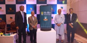 Ittira Davis, MD and CEO, Ujjivan Small Finance Bank, Mr. BA Prabhakar, Chairman and Independent Director, Ujjivan Small Finance Bank, R Gurumurthy, Regional Director, RBI, Bengaluru, Karnataka and Mr Samit Ghosh, Founder, Ujjivan Small Finance Bank launching Hello Ujjivan, Banking App for microbanking and Rural customers who lack digital prowess