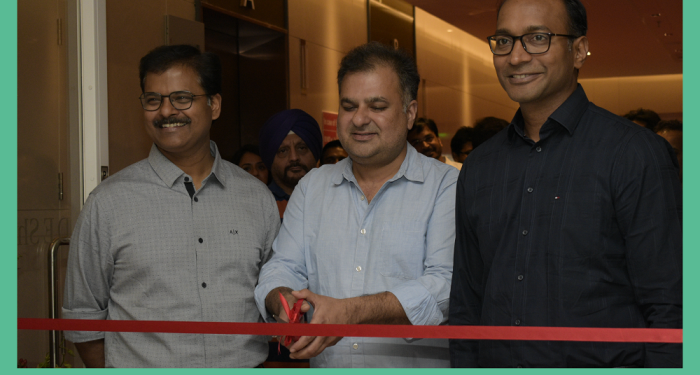 Chaitanya Gorrepati, Charitra Mehta, and Lakshmi Prasad Koneti (L-R), members of the Operating Committee (OC) at D. E. Shaw India celebrating the firm’s new offices.